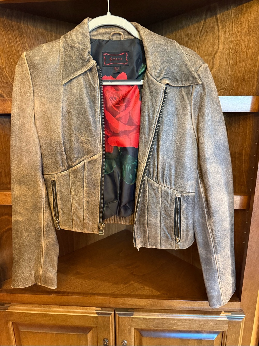 GUESS Genuine Leather Metallic Gold Moto Jacket Womens M Y2K Rose Lining
